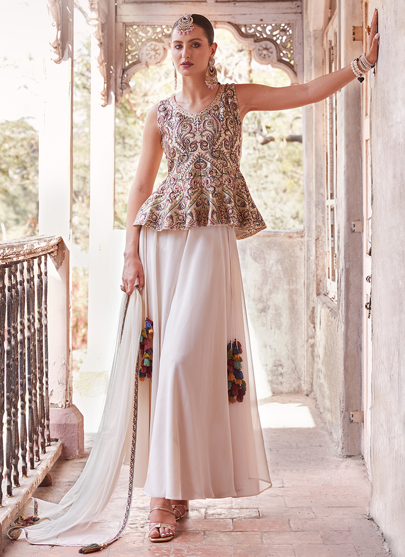 Off White Party Wear Readymade Gown With Dupatta In Embroidery Work main image 1
